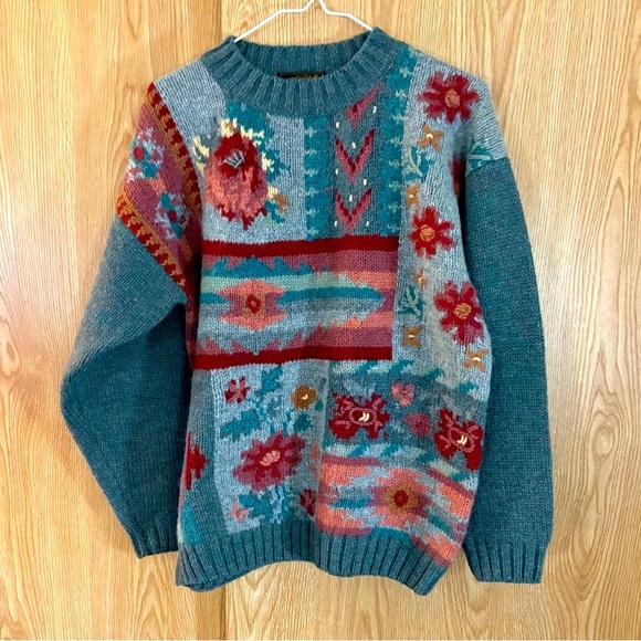 Eddie Bauer Wool Embroidered Floral Heavy Oversized Pullover Sweater - Picture 1 of 6